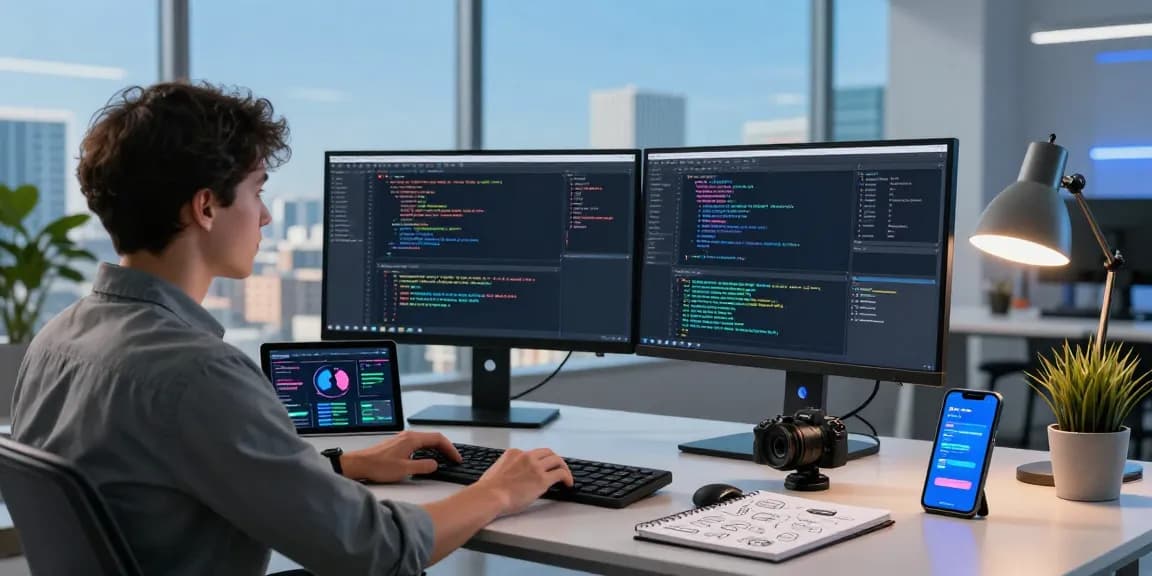 WPS Download setup in a dynamic developer workspace with multiple screens and tech gadgets.