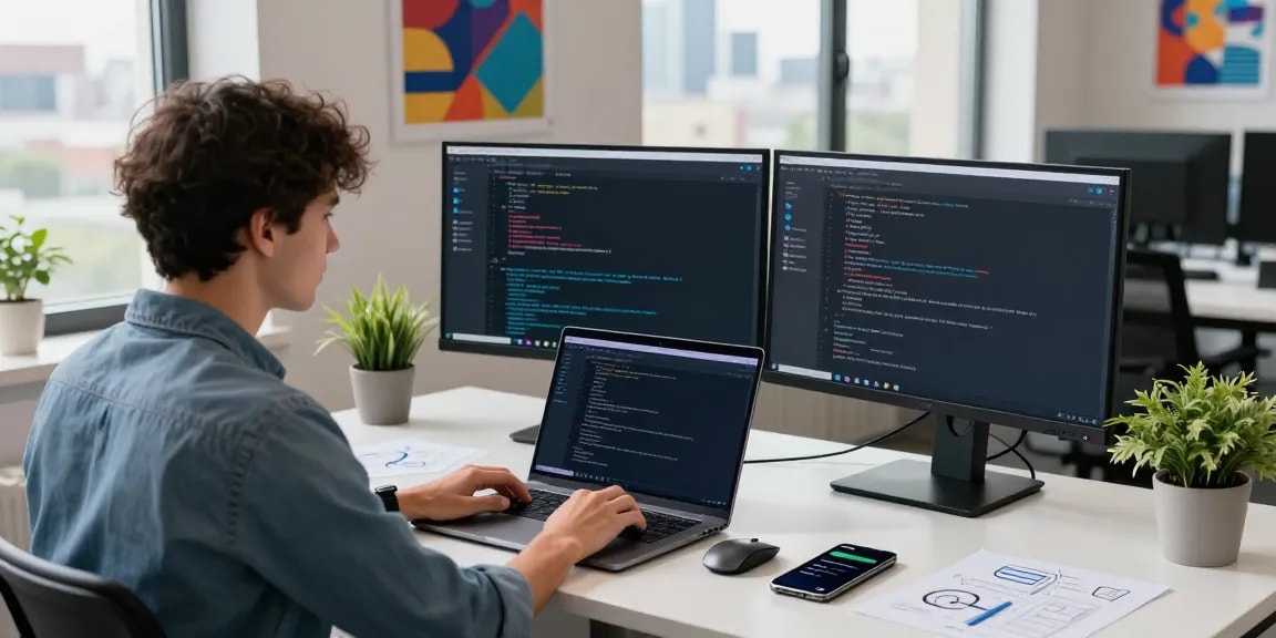 Download Telegram interface on dual monitors in a modern workspace with natural light.