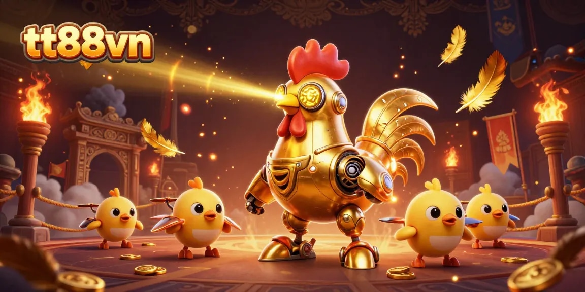 Engage with tt88vn's thrilling casino adventures featuring a golden rooster robot amidst festive gambling elements.