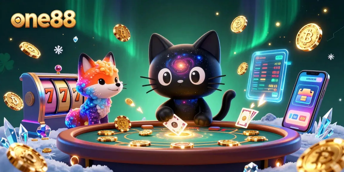 one88 offers an exciting cosmic casino experience with vibrant characters and floating crypto elements.