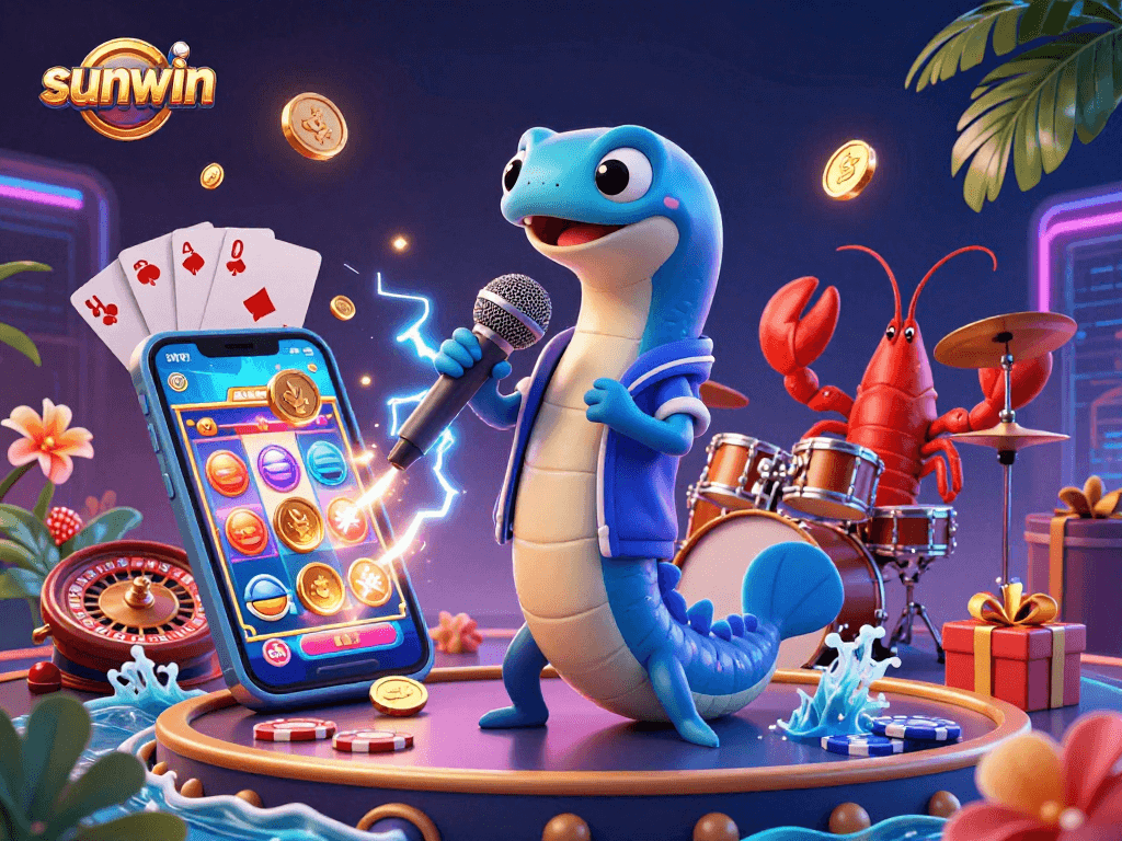 Experience the excitement at sunwin with a colorful underwater casino scene showcasing an electric eel DJ.