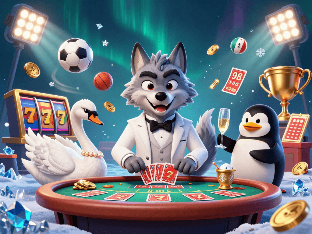 Bet on sunwin with a vibrant scene showcasing a wolf, swan, and penguin at a baccarat table.