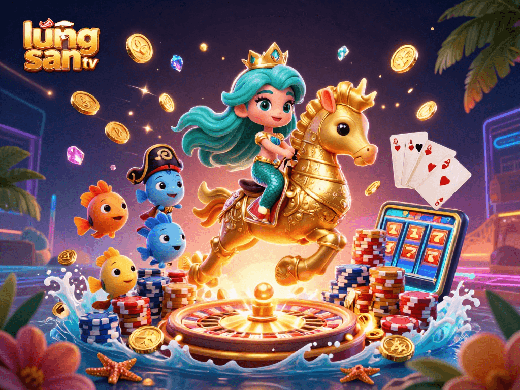 Lương Sơn TV brings thrilling gaming excitement with colorful characters and gold coins flying around in a dynamic casino scene.