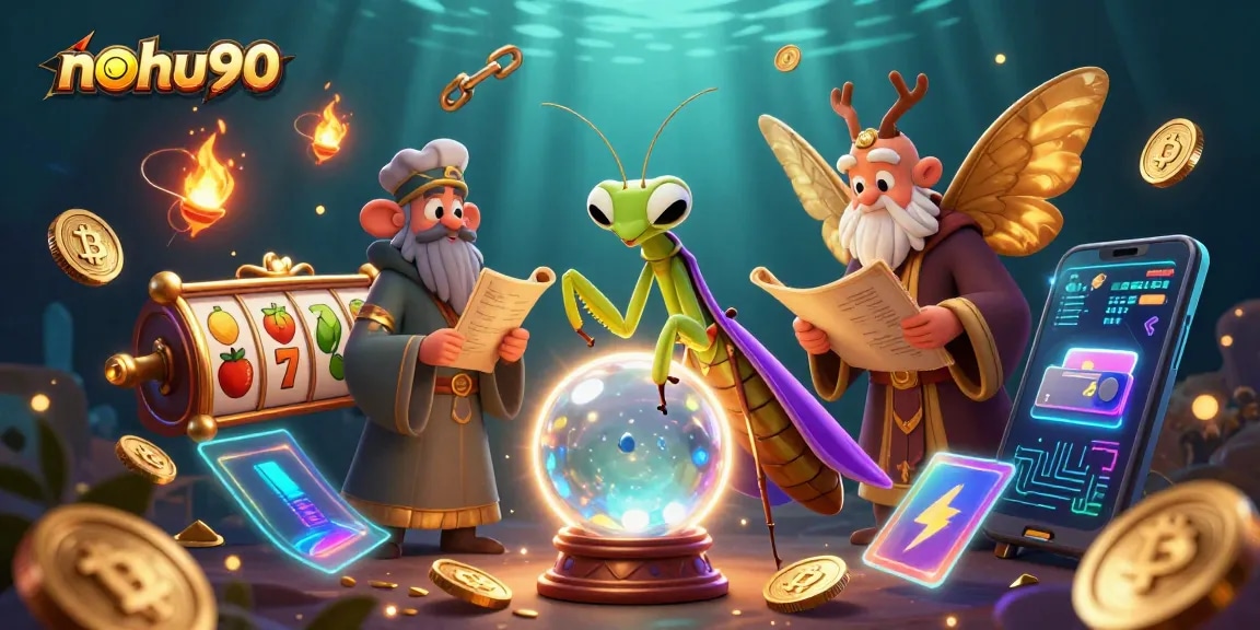 Engage with nohu90's thrilling slot games, exploring jackpots through a dynamic illustration featuring a fortune teller and librarian.