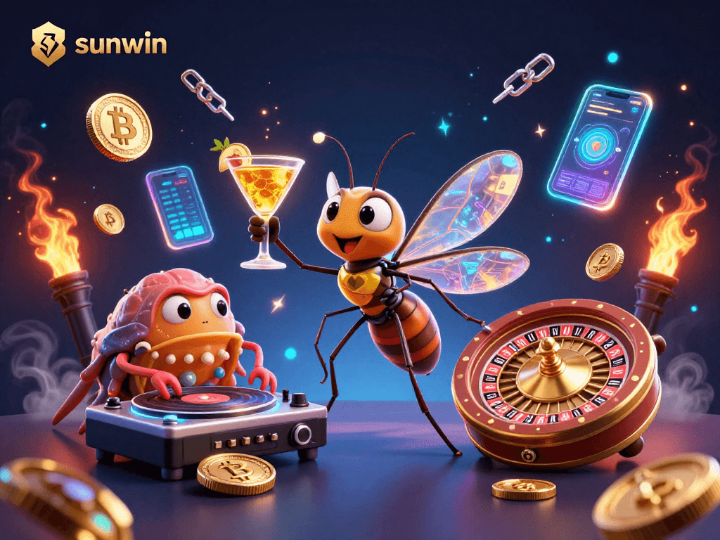 Experience gaming excitement with sunwin’s vibrant 3D casino scene featuring unique characters and elements.