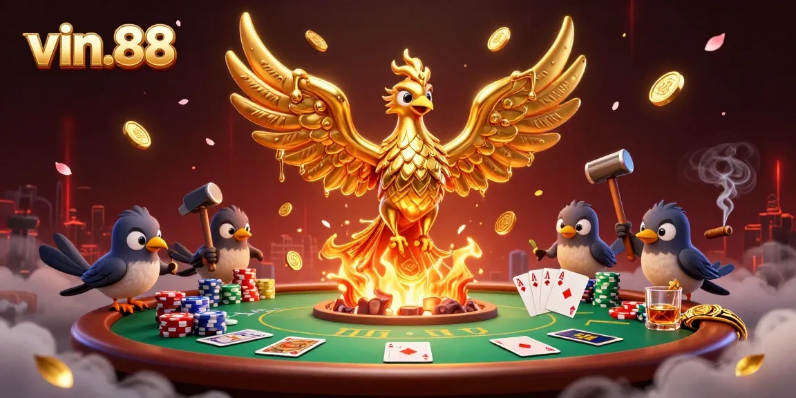 Experience thrilling gaming at vin.88 with a dynamic scene showcasing a golden phoenix amidst poker excitement.