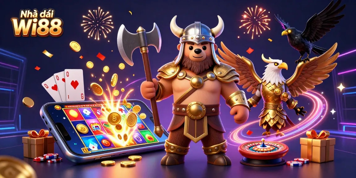 Engage with Nhà cái Wi88 and experience thrilling gaming adventures amidst colorful casino elements.