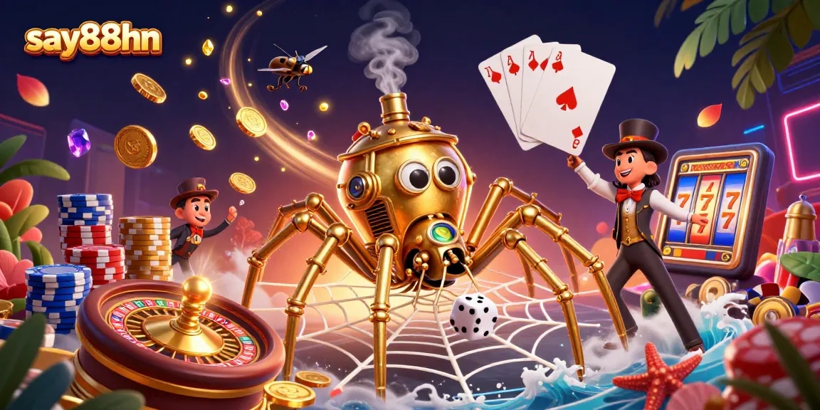 Sparkling coins and vibrant slot reels surround the say88hn spider, capturing playful dice in a rich casino scene.