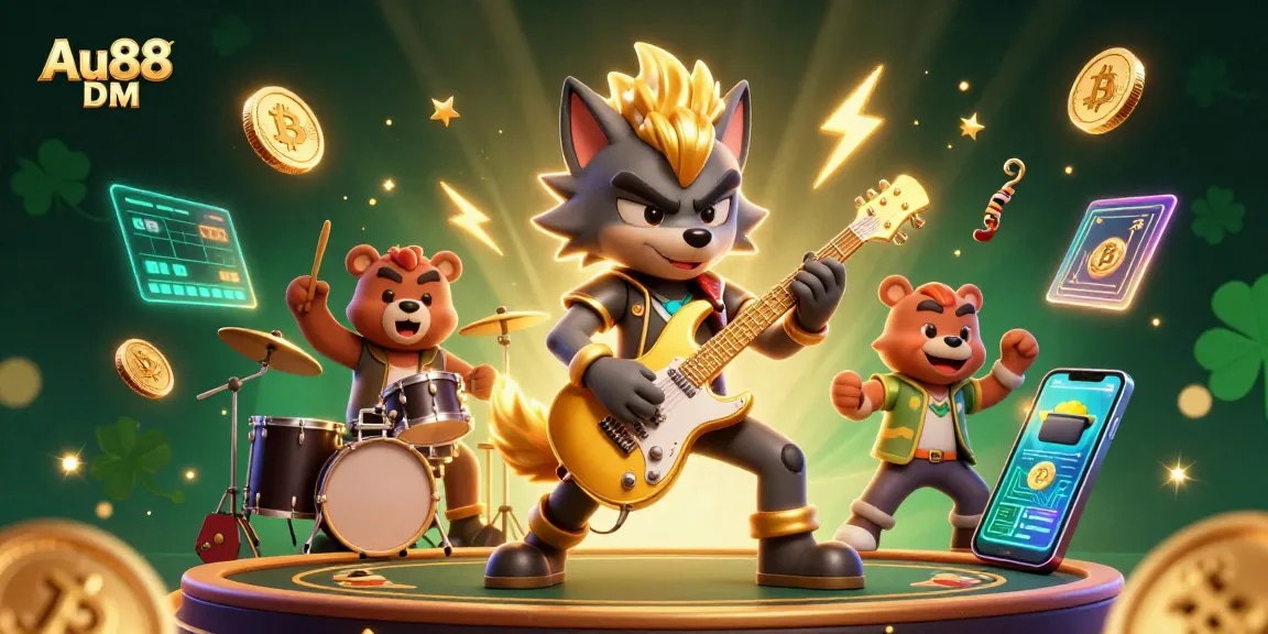 Experience epic wins with Au88 DM in a vibrant casino atmosphere featuring rock star characters.