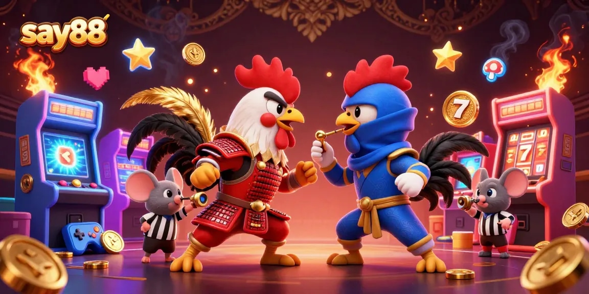 Engage with say88 in an exciting fight scene featuring cartoon roosters and vibrant gaming elements.