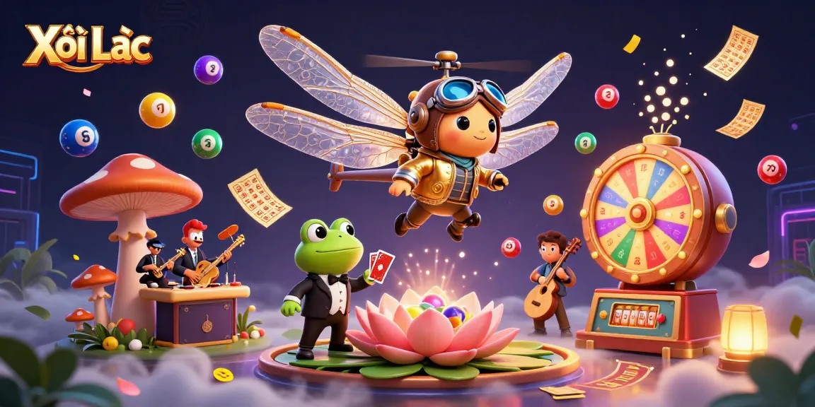 Xôi Lạc showcases a vibrant casino scene with engaging characters and dynamic lottery elements, perfect for gamblers.