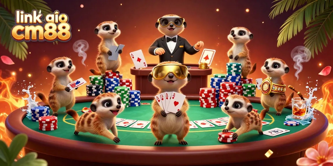 Experience the excitement of link vào cm88 with playful meerkats running a vibrant casino scene filled with poker elements.