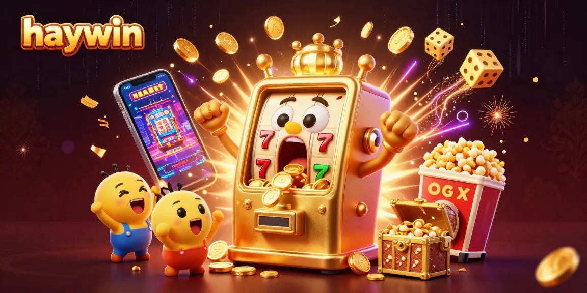 Experience winning excitement with Haywin's golden slot machine erupting in coins and cheers.