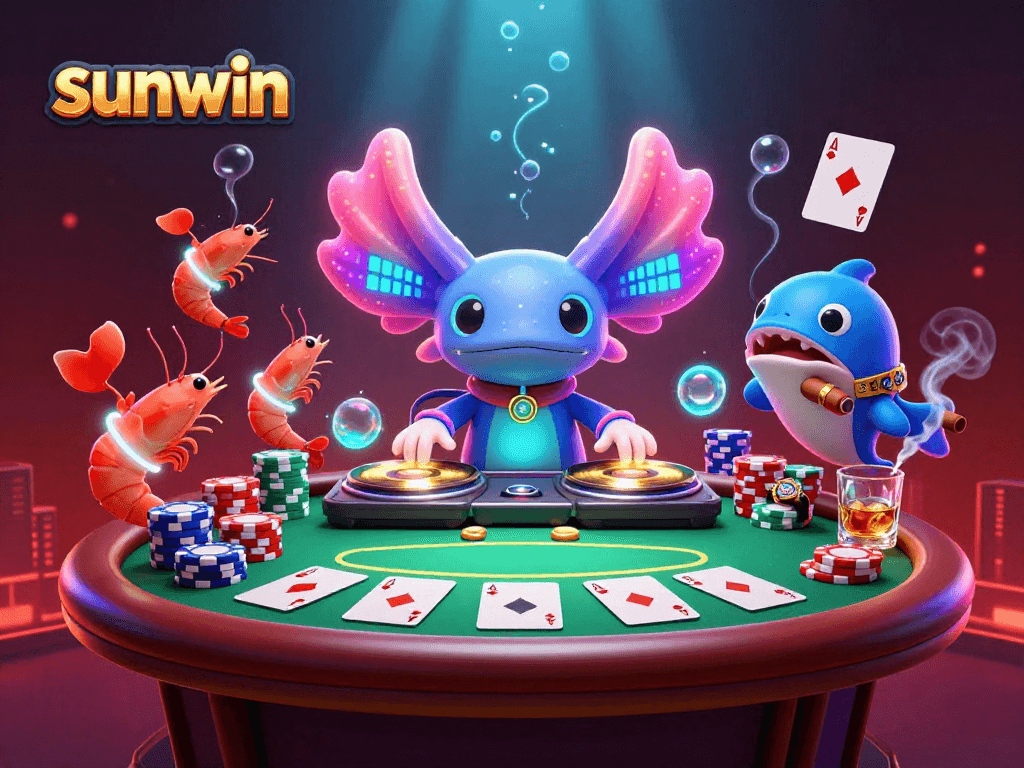 Experience the neon-lit fun of sunwin with vibrant casino characters dancing and playing poker.