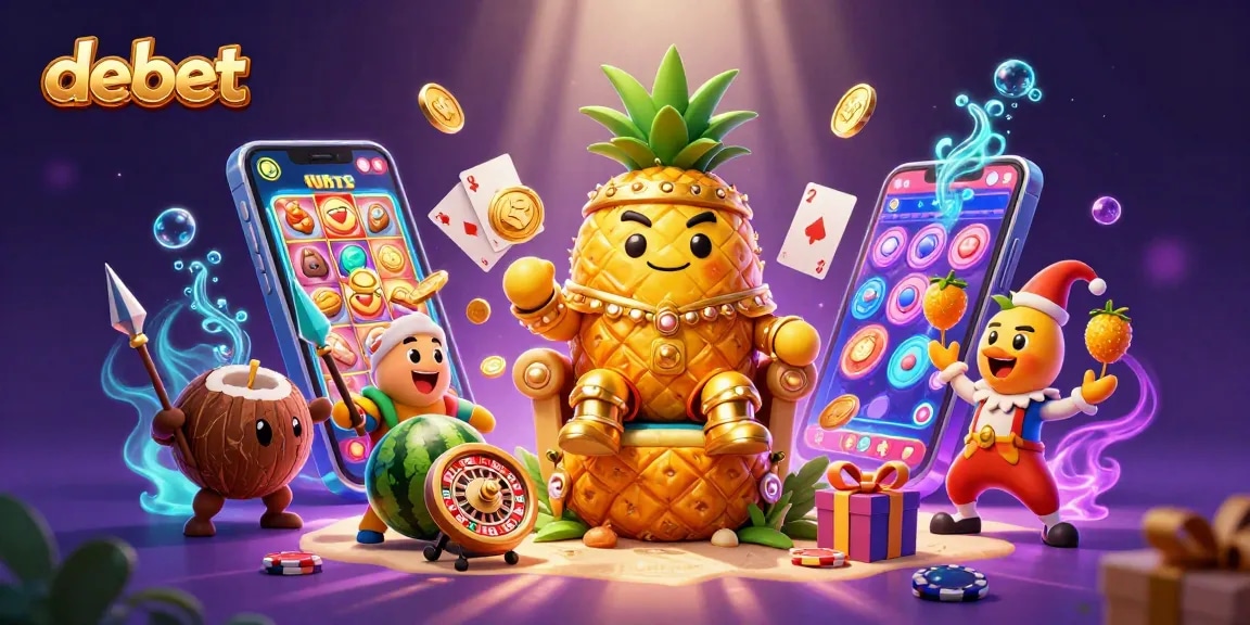 Experience the thrill of debet gaming with a vibrant casino scene featuring a golden pineapple king and bonus games.