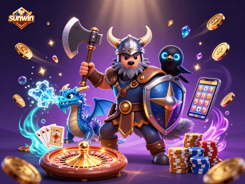 Experience thrilling wins with sunwin in this dynamic 3D casino illustration featuring a Viking warrior.
