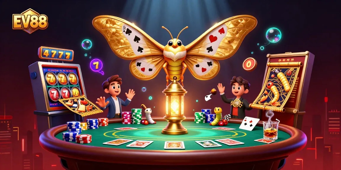 Join the excitement at EV88 with a lively 3D illustration showcasing golden butterflies and poker elements.