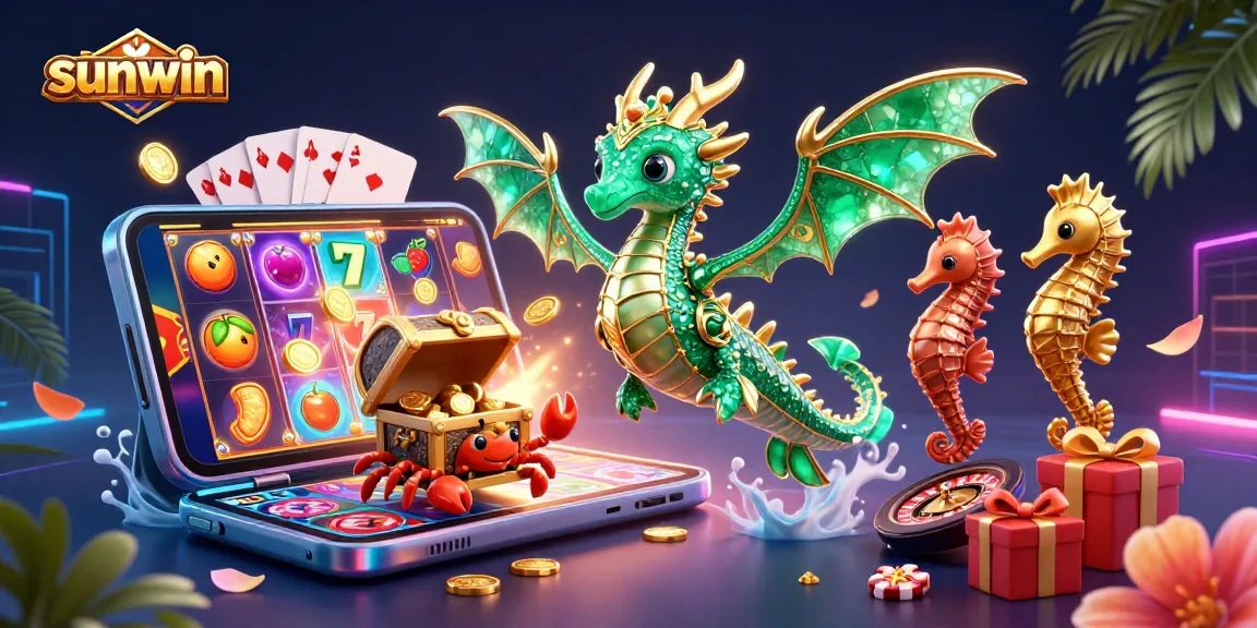 Experience sunwin slots with a colorful scene featuring a sea dragon, treasure chest, and vibrant game elements