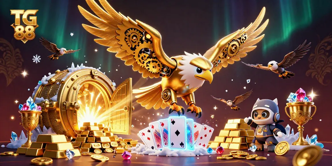 Experience TG 88 with a vibrant illustration of a flying golden eagle amid cascading cards and treasures.