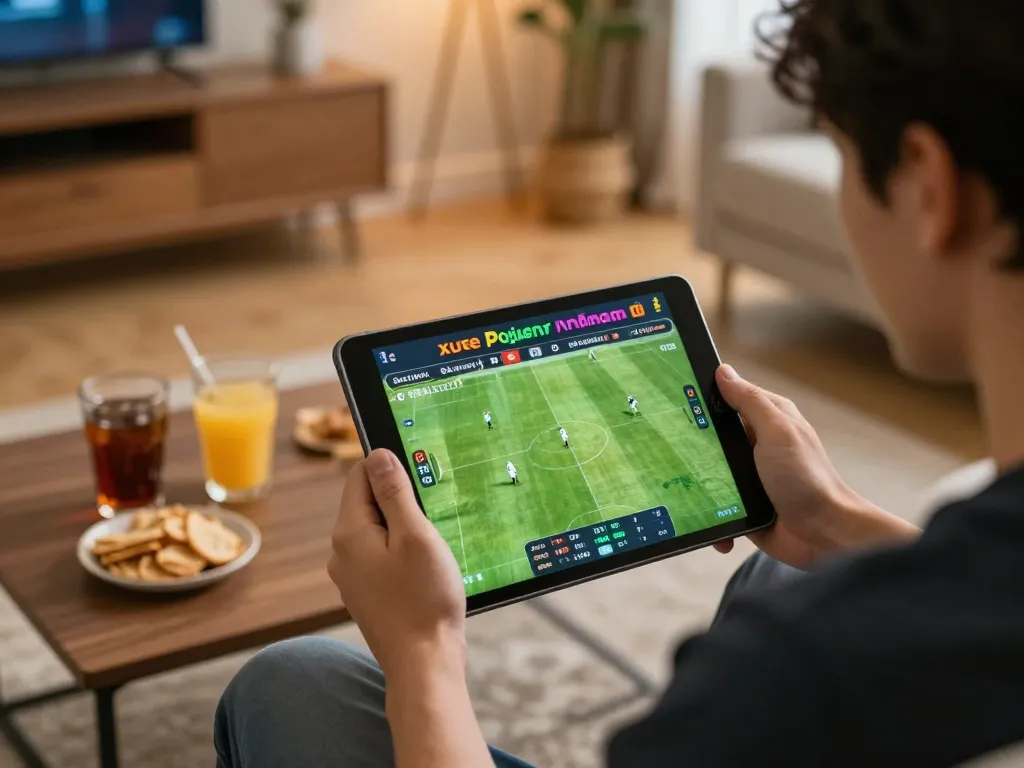 Xoilactv betting experience shown on tablet during live soccer match, player immersed in strategic decisions.