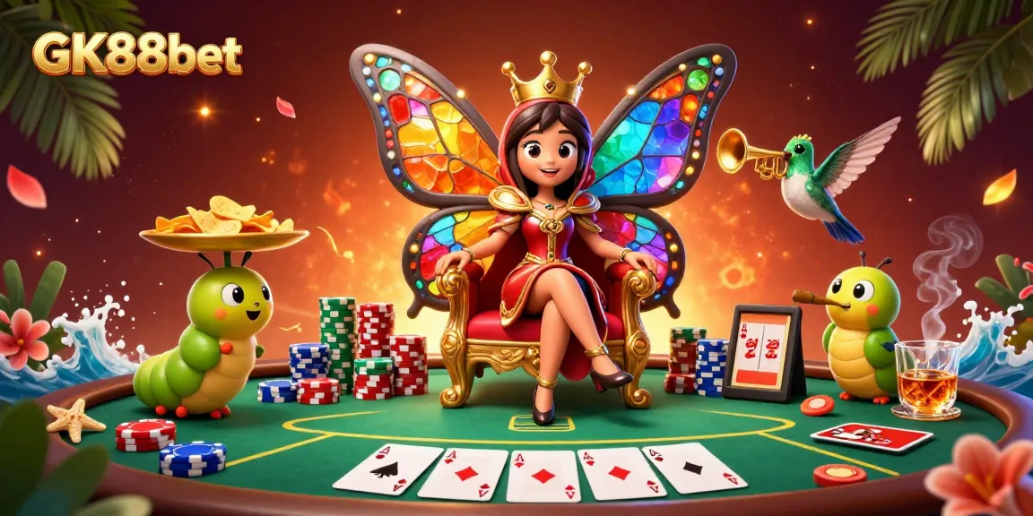 Engage with GK88bet in a vibrant 3D casino scene featuring a butterfly queen and poker elements.