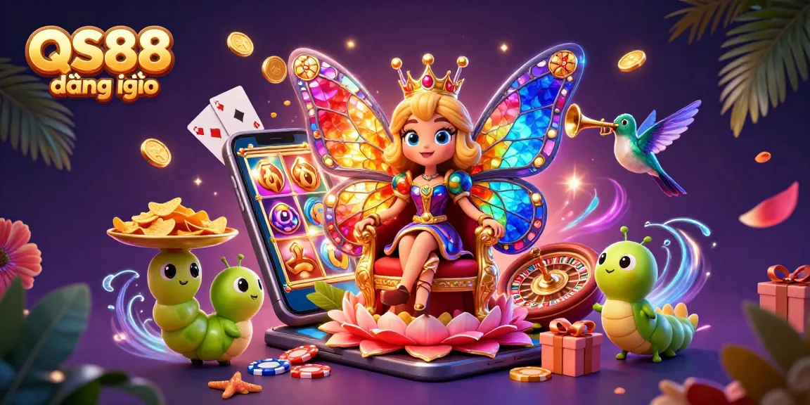 Engage with the vibrant world of QS88 đăng nhập, featuring a colorful scene of a butterfly queen and gaming elements.