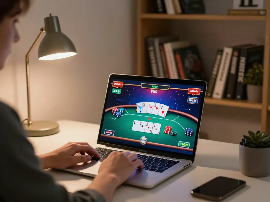 a23win player engaging in exciting online poker game from a cozy home setup