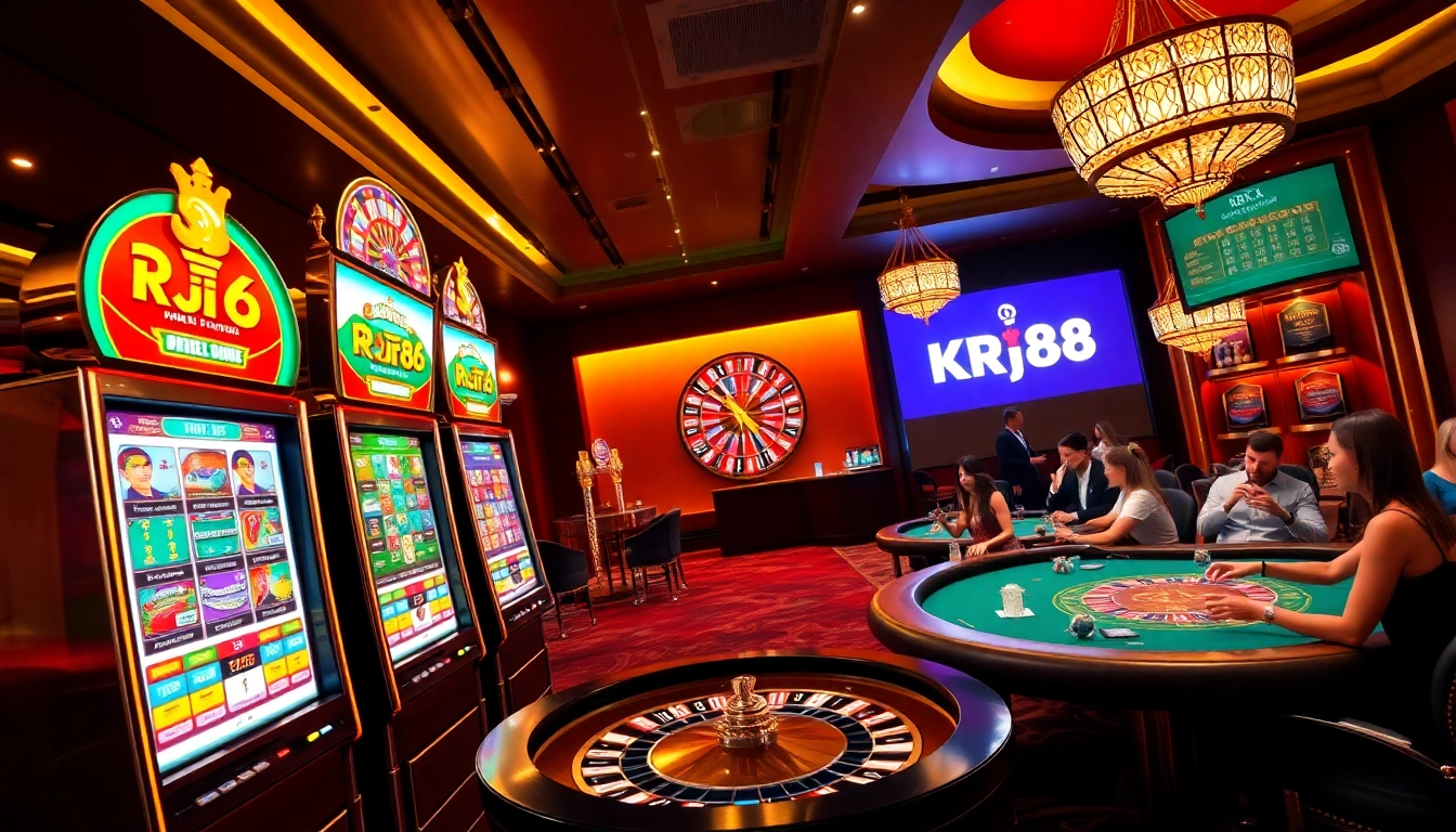 KJC RR88: Players enjoying a thrilling casino experience with vibrant slot machines and poker tables.