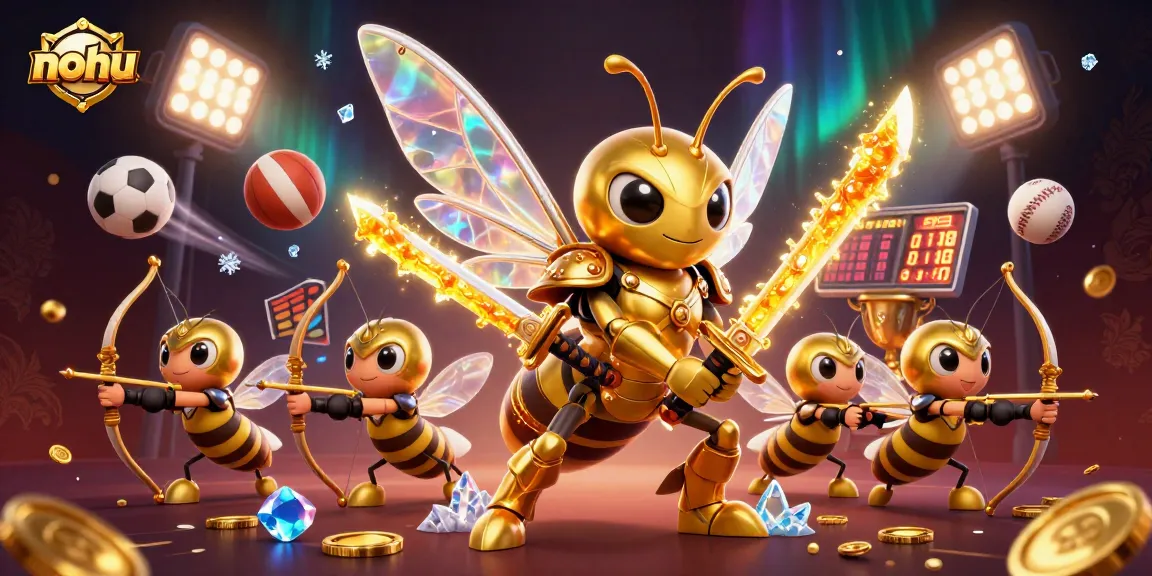 Engage in thrilling sports betting action with nohu, featuring dynamic sports symbols and a hornet warrior.