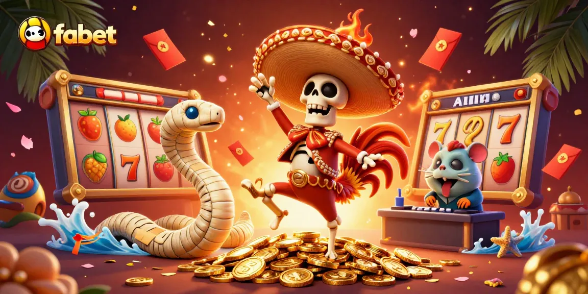Experience thrilling wins at fabet with our vibrant casino scene featuring festive characters and slots!