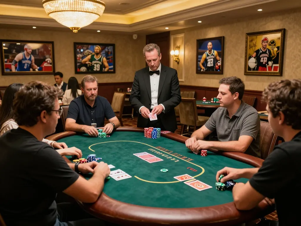 Catching a winning moment at cm88 poker table with players focused and dealer expertly shuffling cards