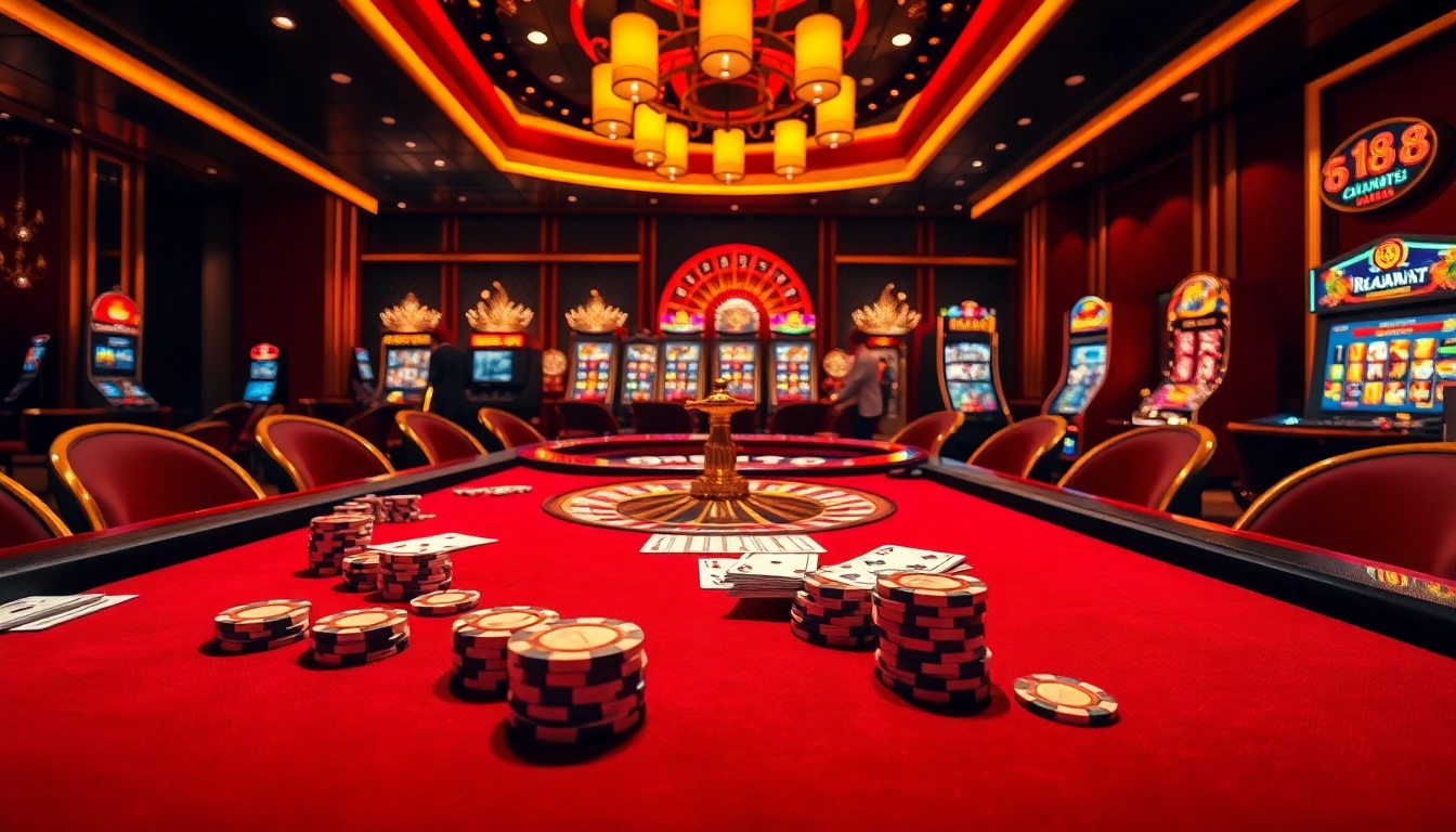Experience the excitement of go 88 at an upscale casino table filled with vibrant poker chips and playing cards.