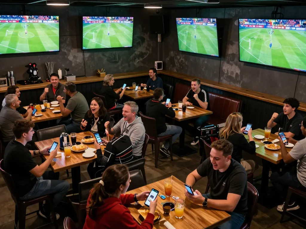 Socolive trực tiếp showcases energetic fans engaging in live soccer betting at an upscale sports bar
