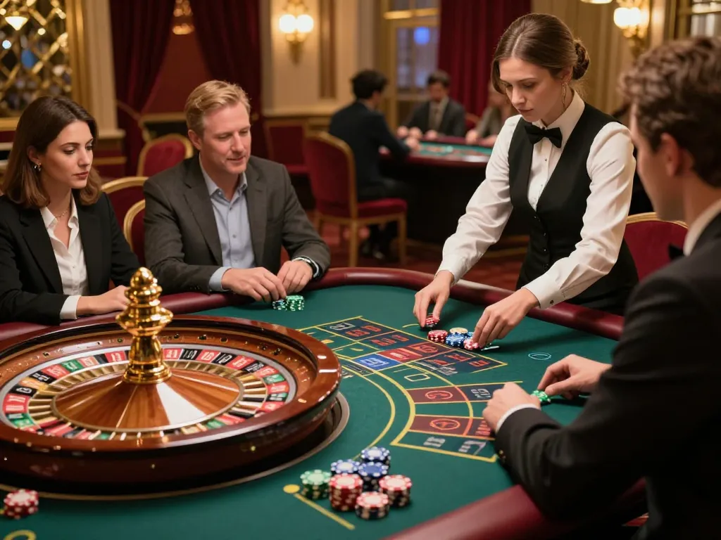 Experience the excitement of yo88 at a roulette table with spinning wheel and focused players