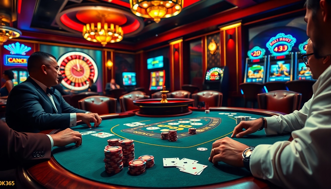 Players enjoying poker at a high-stakes table in the vibrant gaming atmosphere of OK 365.