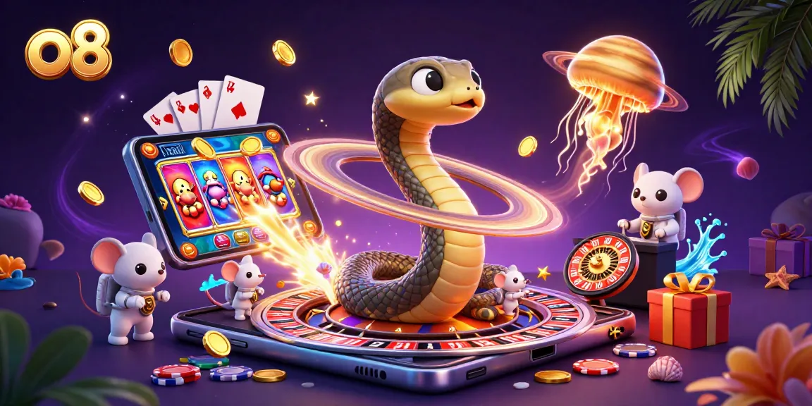 Engage in exciting gameplay at O8 with a vibrant cosmic casino scene featuring roulette and cheerful betting mice.
