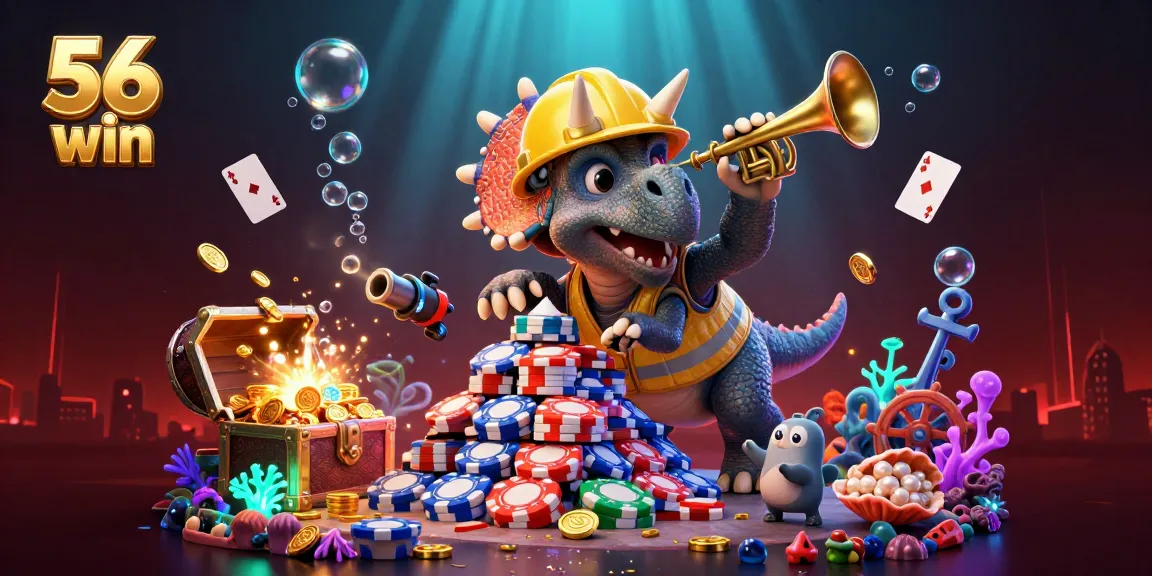 Engage in thrilling gambling fun with 56 win at a lively animated casino scene.