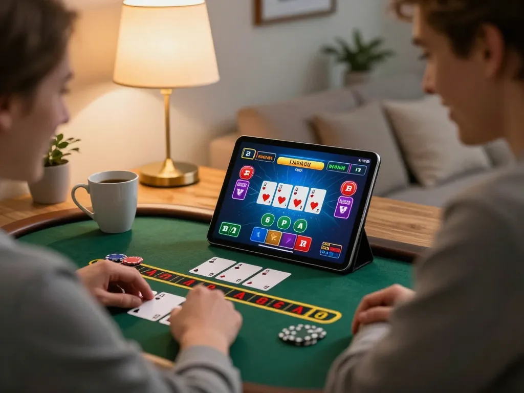 VA88 player engaged in live blackjack on tablet in a warm home setting, emphasizing online gaming strategy.
