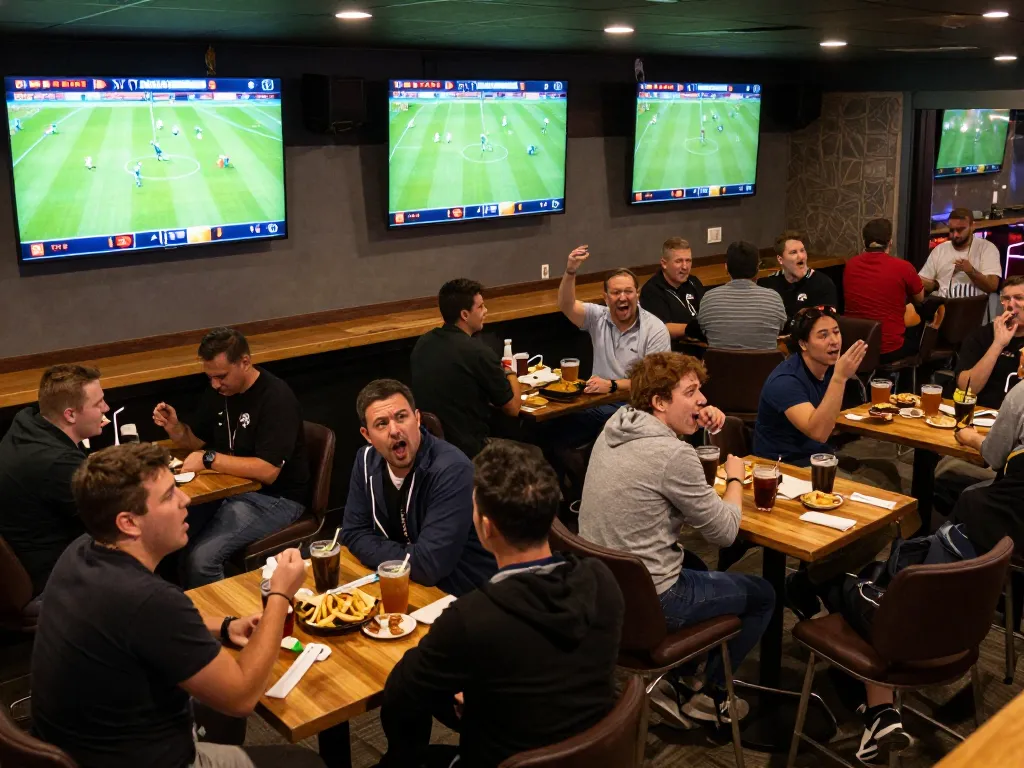 Bettors engaging in live betting action on keo nha cai in a modern sports bar setting