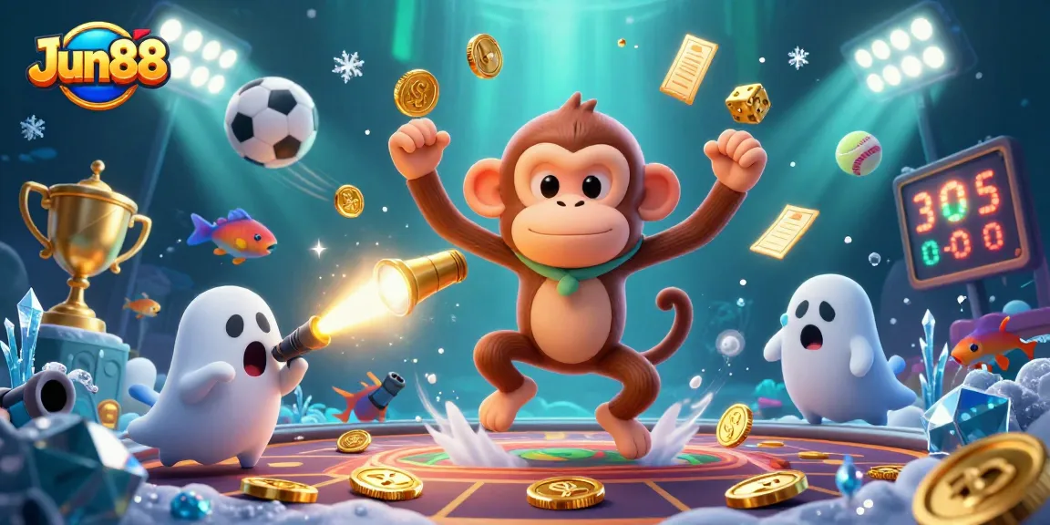 Engage in thrilling games at Jun88 with a whimsical monkey juggling golden coins in a haunted casino