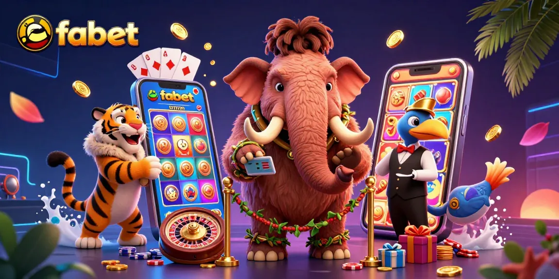 Engage with fabet's vibrant casino scene featuring a woolly mammoth bouncer, stylish saber-tooth tiger guest, and dynamic gaming elements.