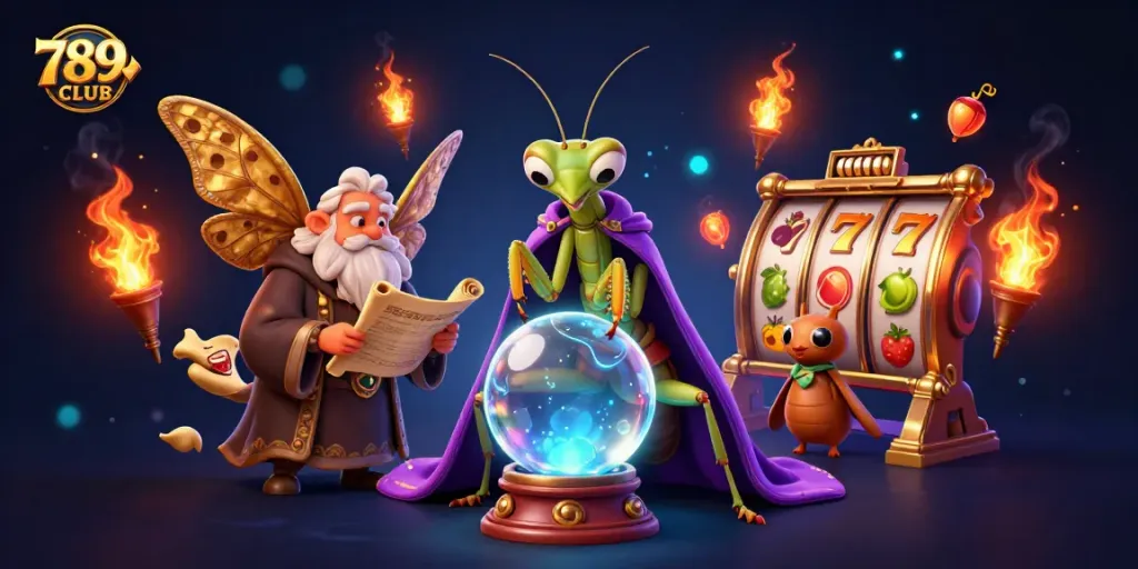 Play slots with 789CLUB's animated characters and vibrant game elements in a dynamic casino illustration.