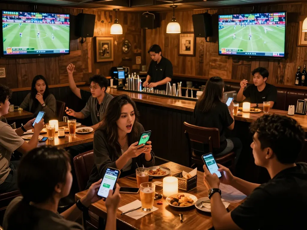 Excitement of kèo nhà cái hôm nay betting app in a lively sports bar atmosphere with friends.