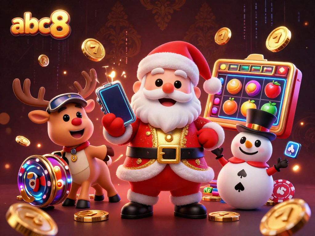 Experience exciting slots and jackpots with abc8's festive gaming scene featuring Santa and friends.
