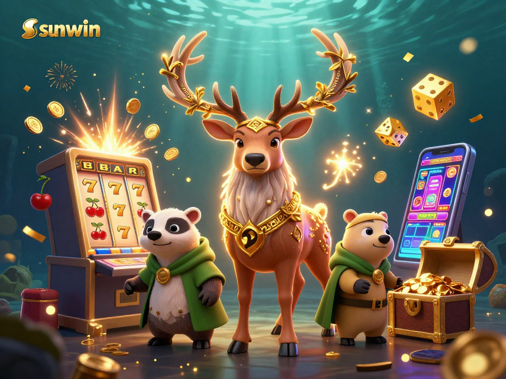 Win big with sunwin in this enchanting casino-themed illustration showcasing vibrant gaming elements.
