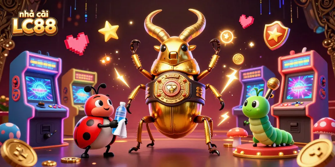 Experience vibrant gameplay at nhà cái LC88 with a giant stag beetle fighting for victory in a casino world.