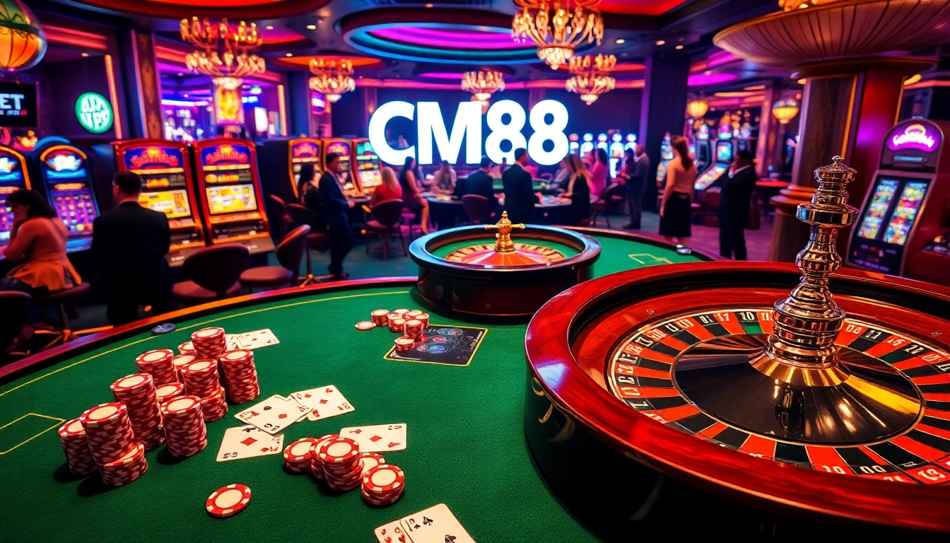 Engaging casino scene showcasing CM88 with vibrant poker chips and roulette wheel.