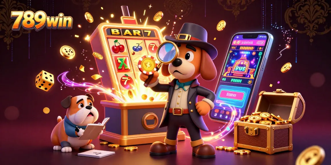 Win big with 789win's vibrant gaming illustration featuring slot machines and treasure!