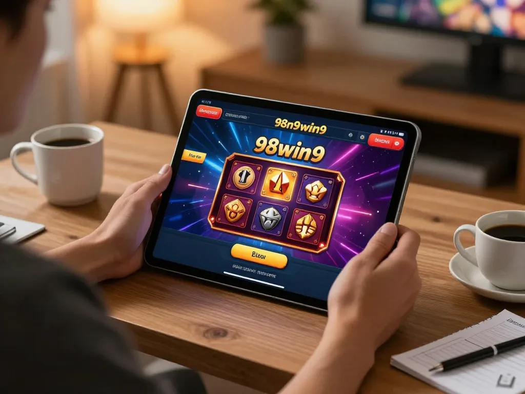 Person enjoying gaming on 98win9 tablet, immersed in exciting online casino atmosphere