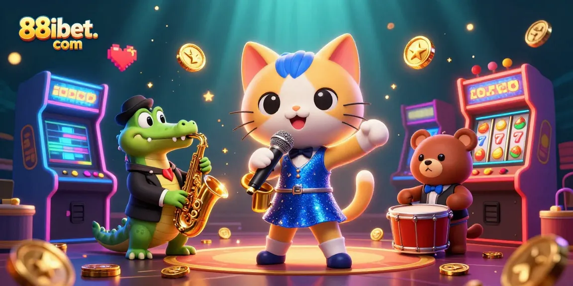 Experience vibrant casino excitement with 88ibet. com's colorful 3D illustration of a jazz-singer cat and friends.